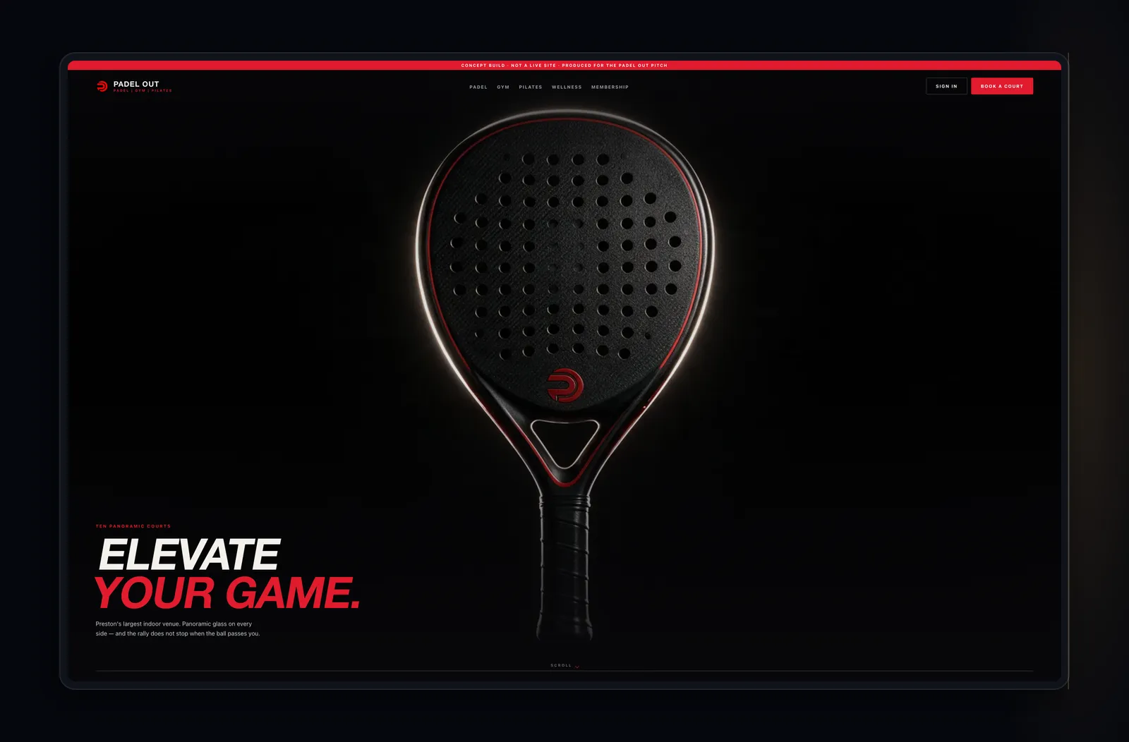 Padel Out pitch hero: a padel racket under dramatic light with 'Elevate your game'