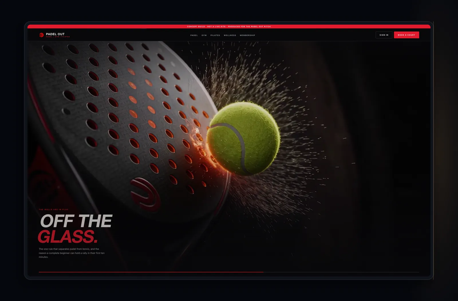 Padel Out scrollytelling scene: a ball striking the racket, captioned 'Off the glass'