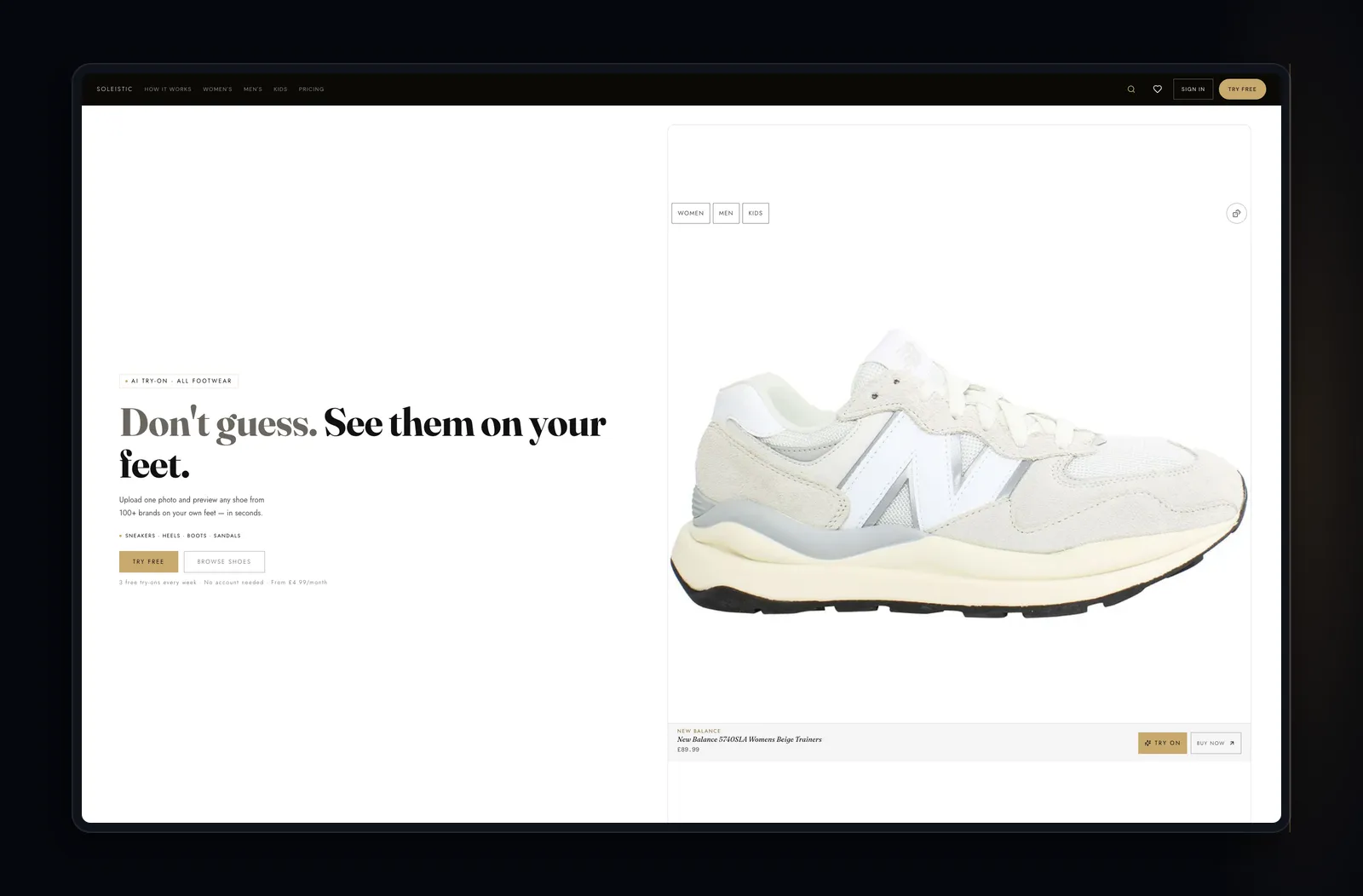 Soleistic landing page: 'Don't guess. See them on your feet' beside a New Balance trainer