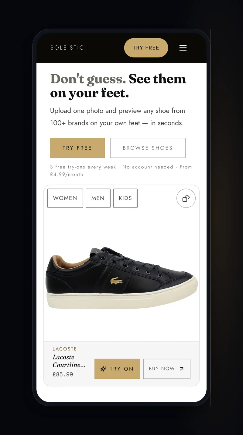 Soleistic on a phone: the landing page and try-on card on mobile